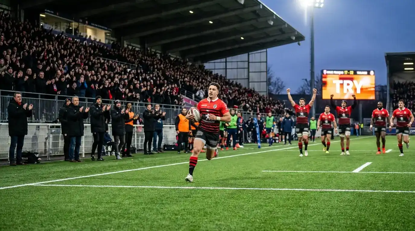 Tableau d'affichage dans un stade de rugby montrant le classement du Top 14